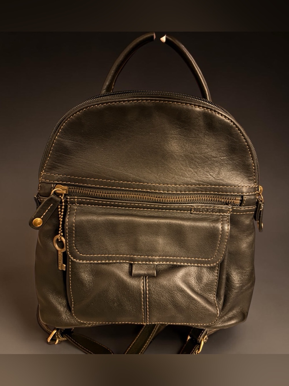 Fossil Black Leather Mini Backpack with Front Pocket with Signature key charm